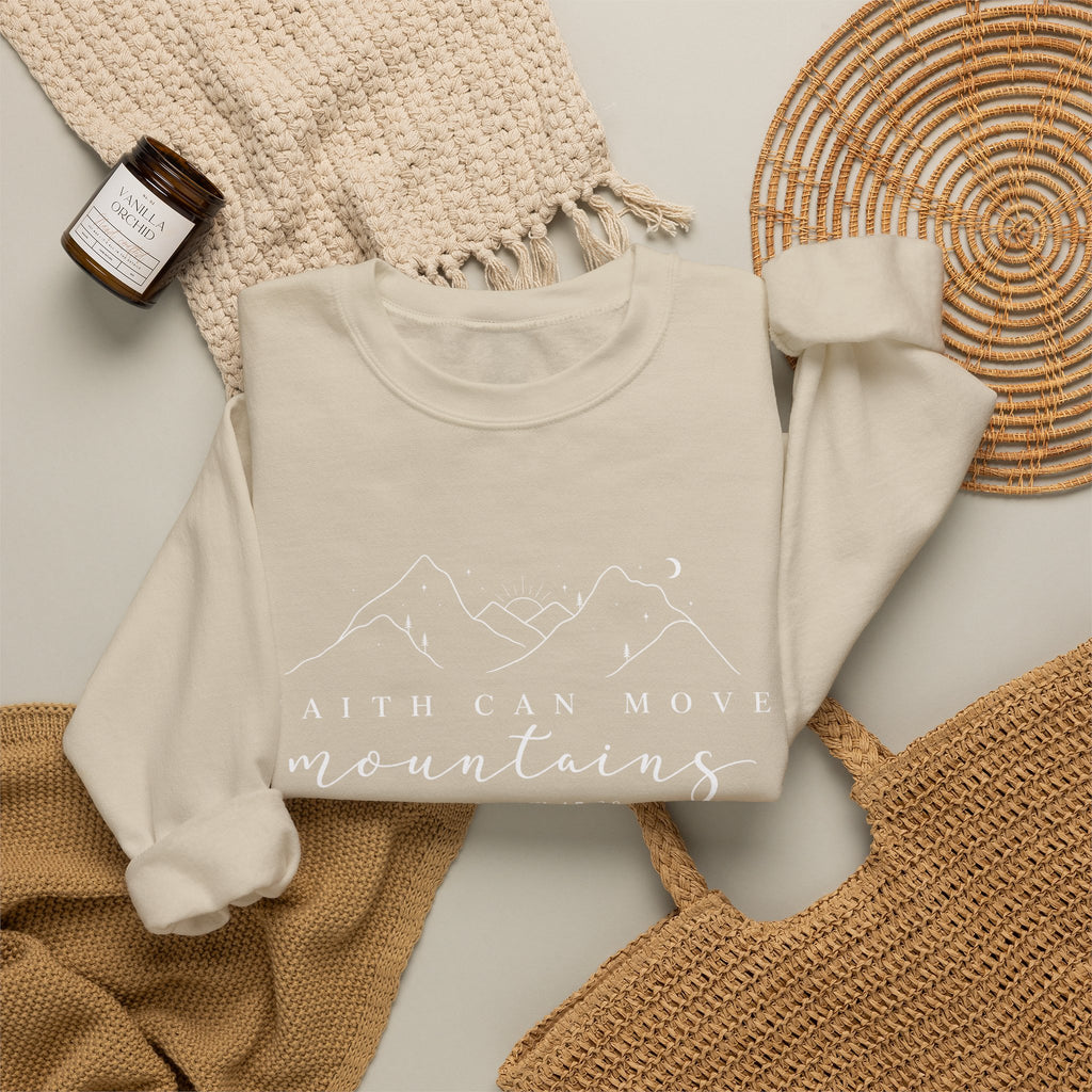 Faith Can Move Mountains Crewneck Sweatshirt — Matthew 17:20 Christian Mountain Design