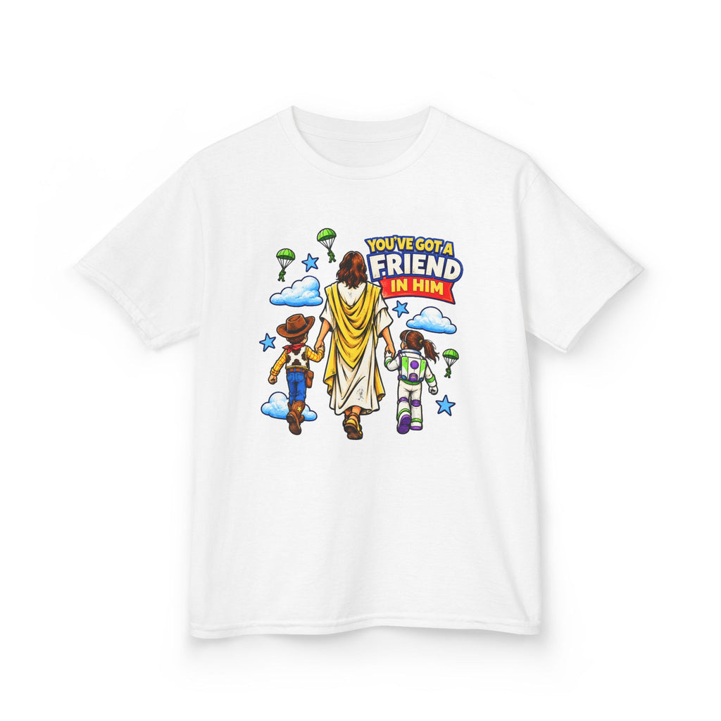 Kids Tee — "You've Gotta Friend in Him" Inspirational Jesus & Toy Friends Graphic