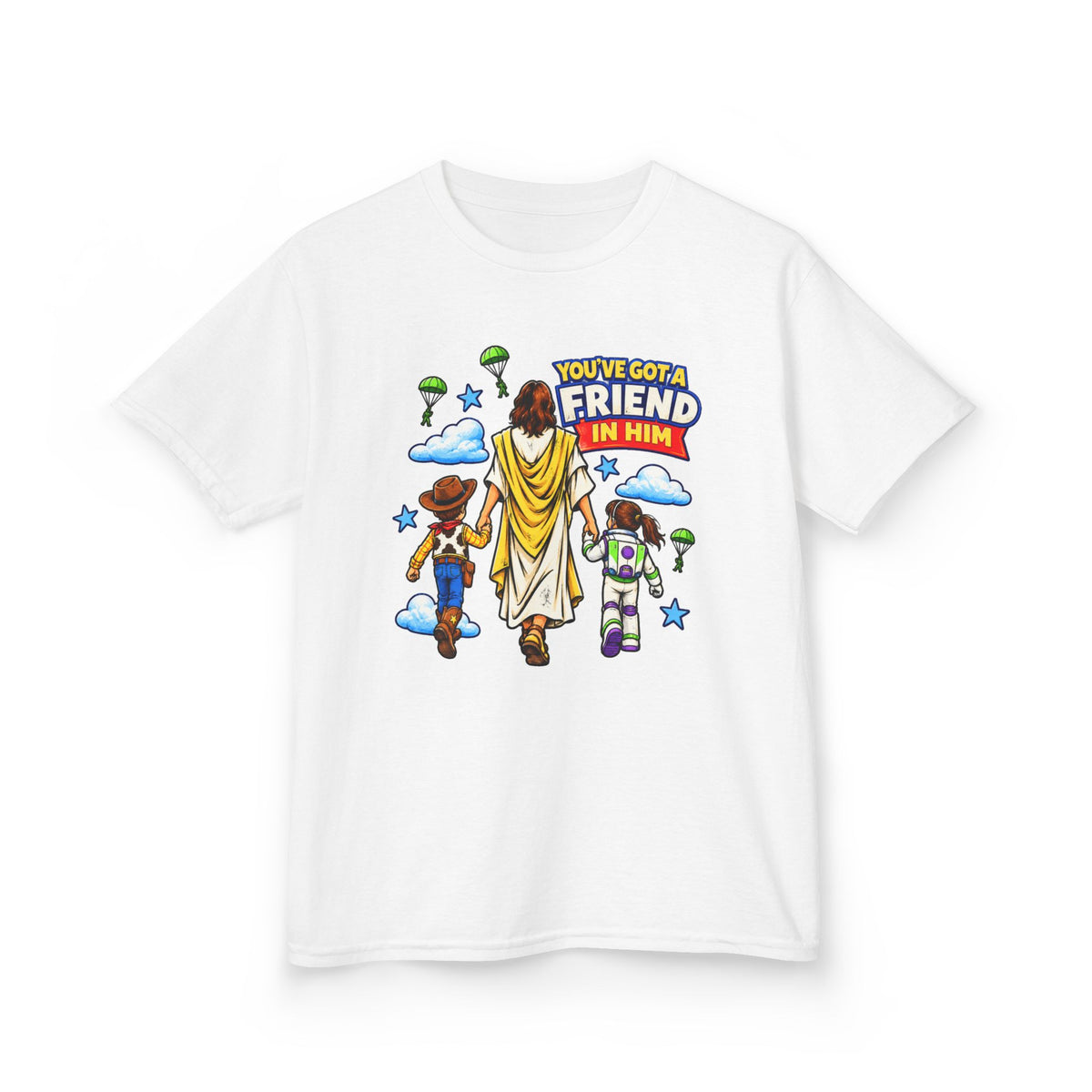 Kids Tee — "You've Gotta Friend in Him" Inspirational Jesus & Toy Friends Graphic