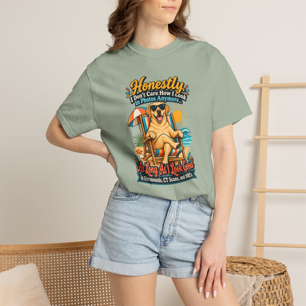 Honestly I Don’t Care How I Look In Photos Anymore T-Shirt — Funny Beach Dog Graphic Tee