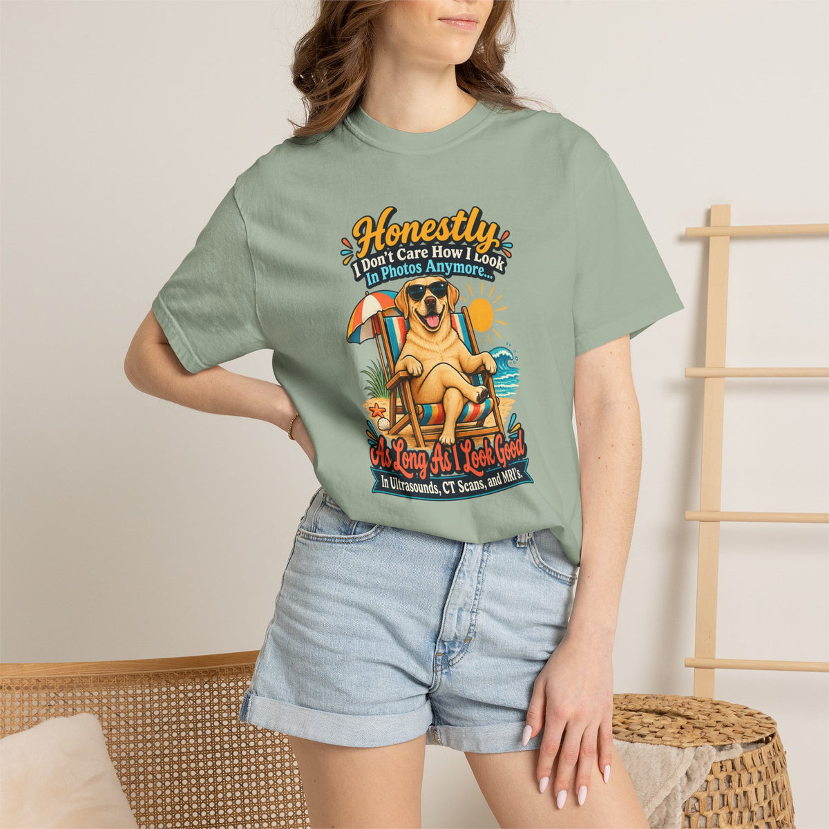 Honestly I Don’t Care How I Look In Photos Anymore T-Shirt — Funny Beach Dog Graphic Tee