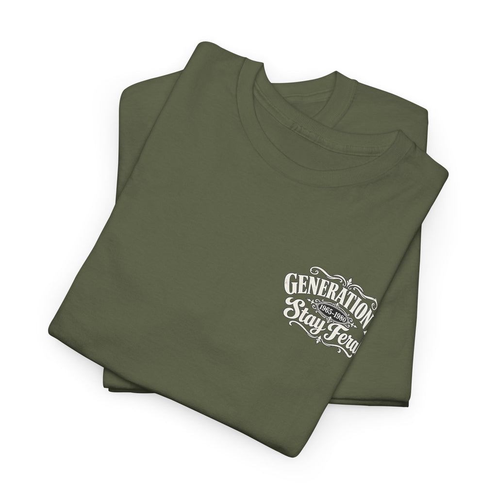 Generation X T‑Shirt — 'Stay Feral' Vintage Whiskey Label Tee (Born 1965–1980)