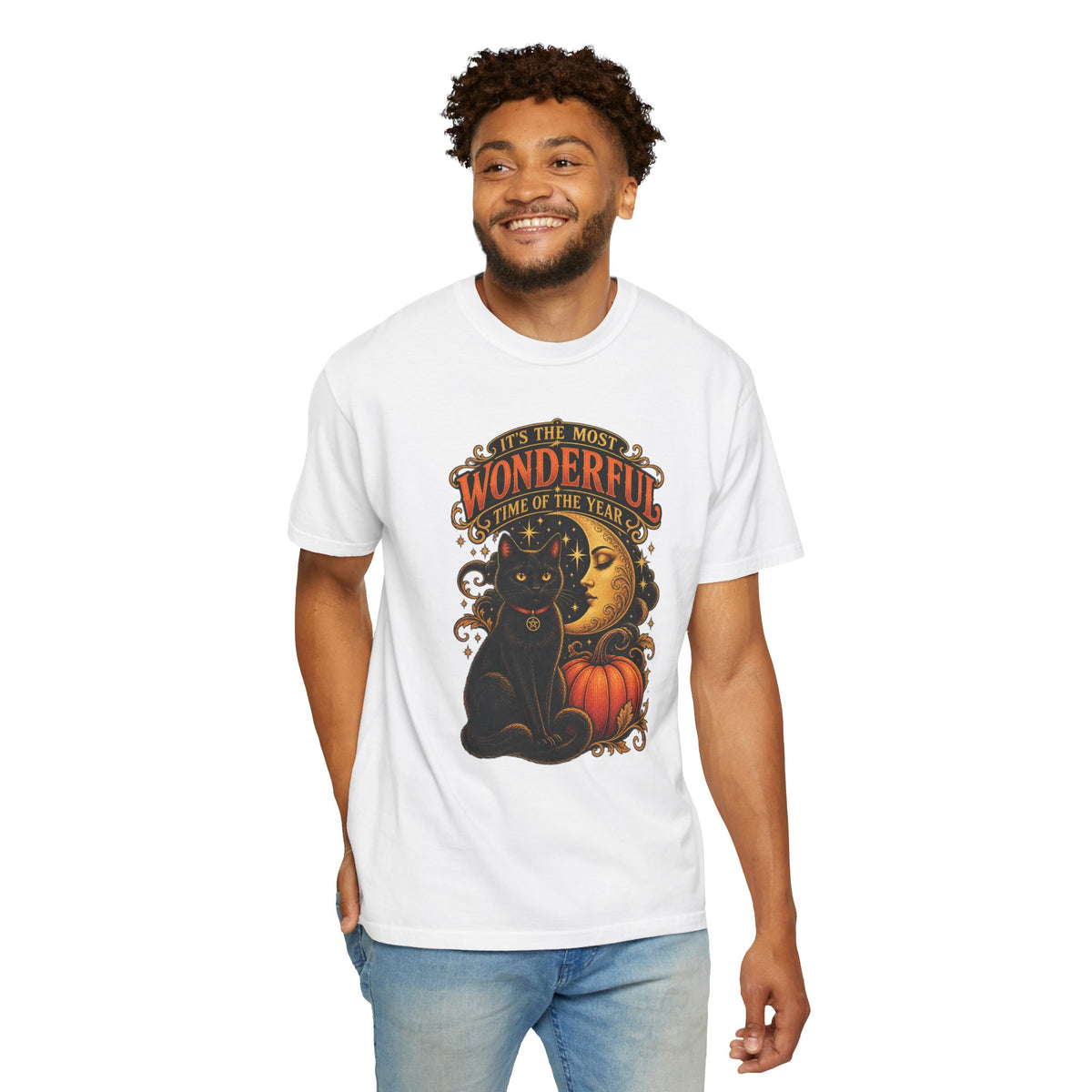 T-Shirt — "It's the Most Wonderful Time of the Year" Halloween Black Cat & Pumpkin
