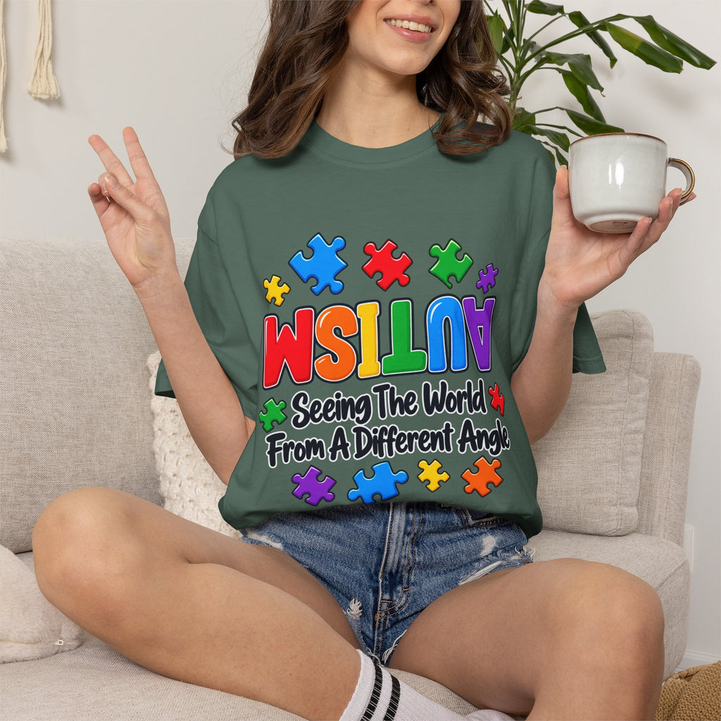 Autism Awareness T-Shirt — "Seeing the World From a Different Angle" Puzzle Design