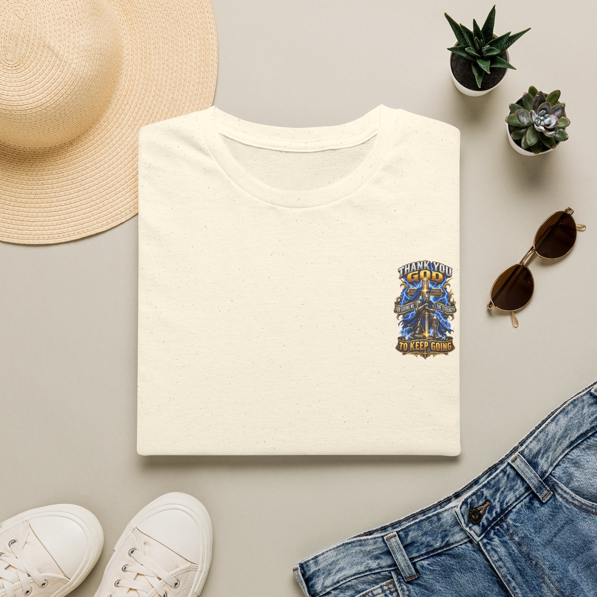 T-Shirt — "Thank You God I Keep Going" Faith Graphic Pocket Tee