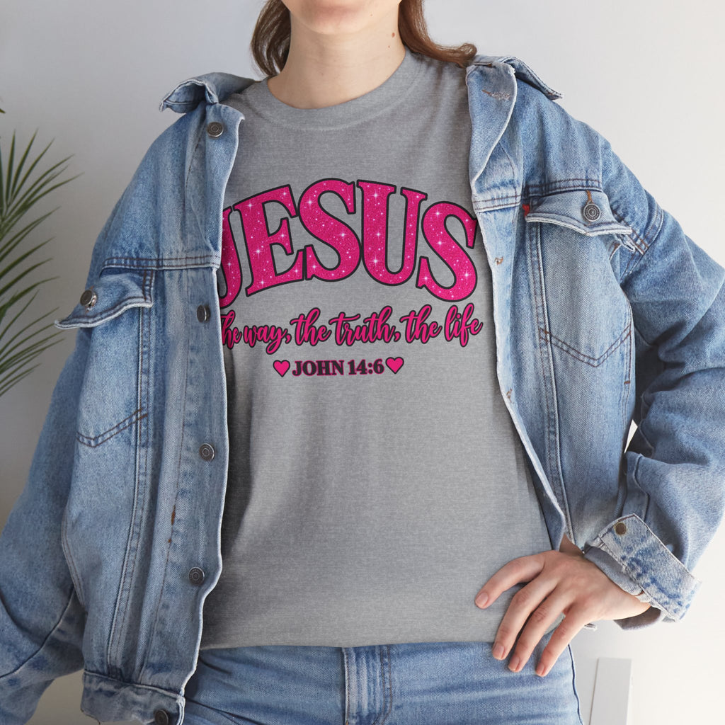 Christian T-Shirt — "JESUS The way, the truth, the life" (John 14:6) Pink Vintage Script