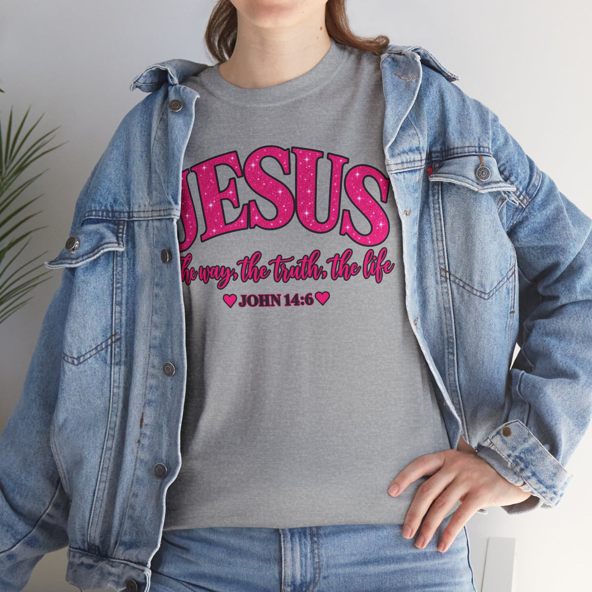 Christian T-Shirt — "JESUS The way, the truth, the life" (John 14:6) Pink Vintage Script