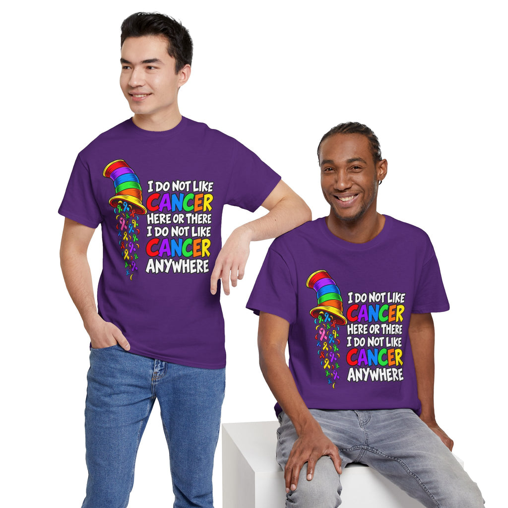 Cancer Awareness T-Shirt — “I Do Not Like Cancer Here or There” Rainbow Ribbon Tee