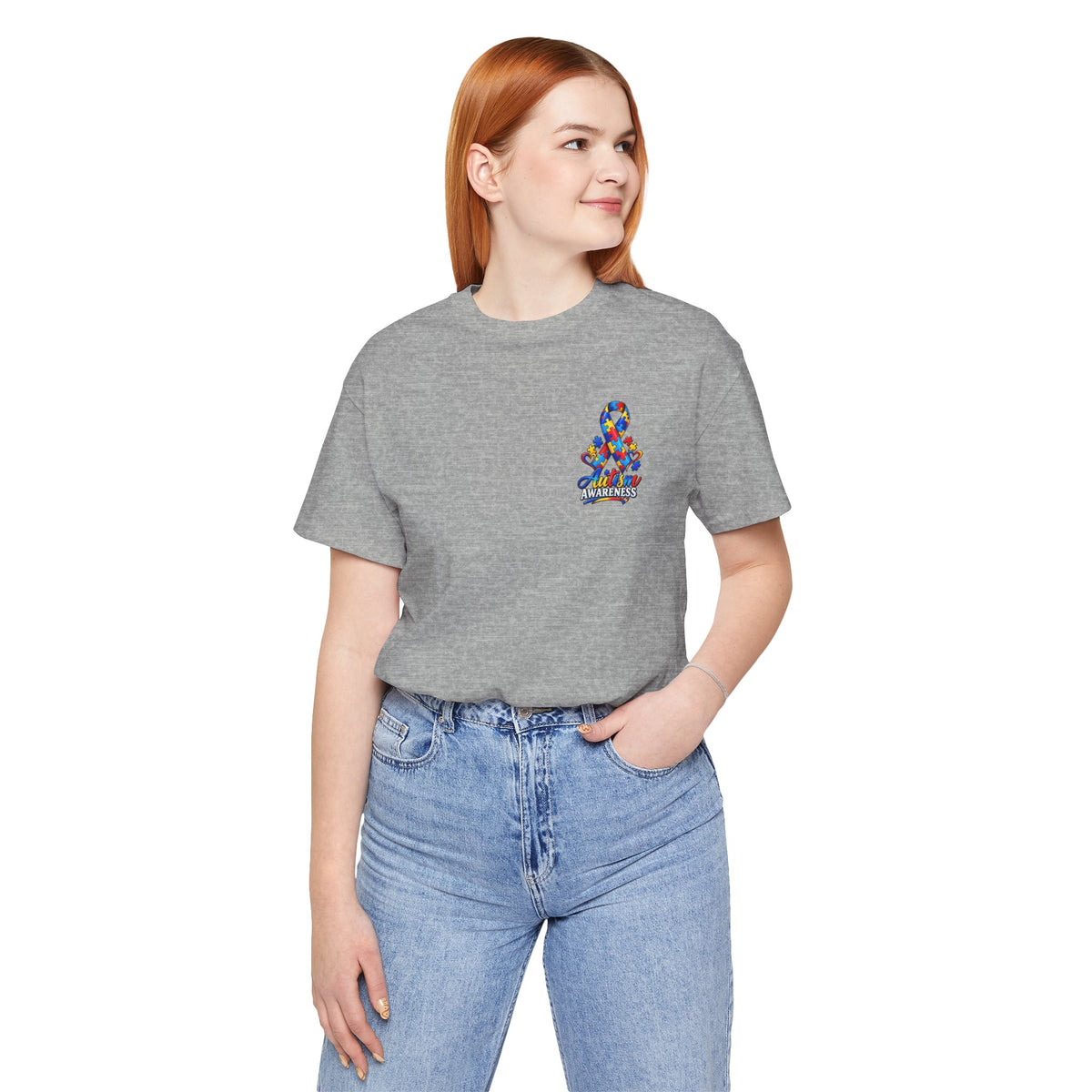 Autism Awareness Ribbon Chest Tee — 'Different, Not Less' Short Sleeve T-Shirt