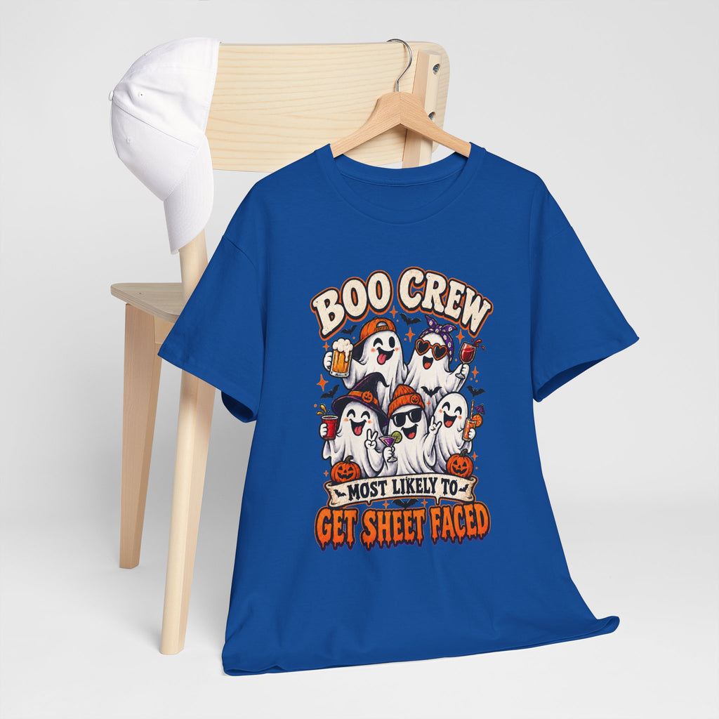 Boo Crew Halloween T-Shirt — “Most Likely to Get Sheet Faced” Funny Ghost Party Tee