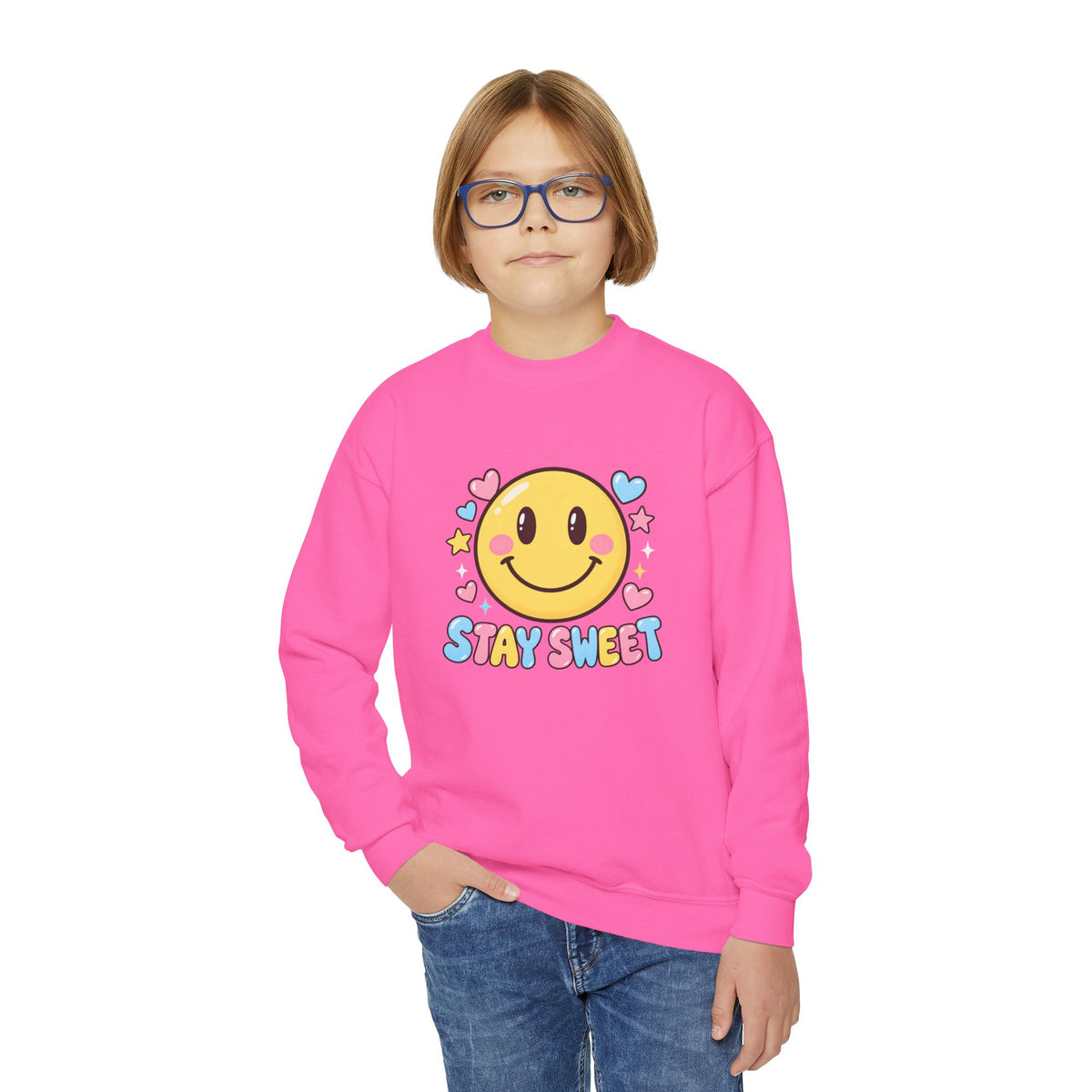 Youth Crewneck Sweatshirt — Cute Smiley "Stay Sweet" Graphic, Kids Cozy Pullover