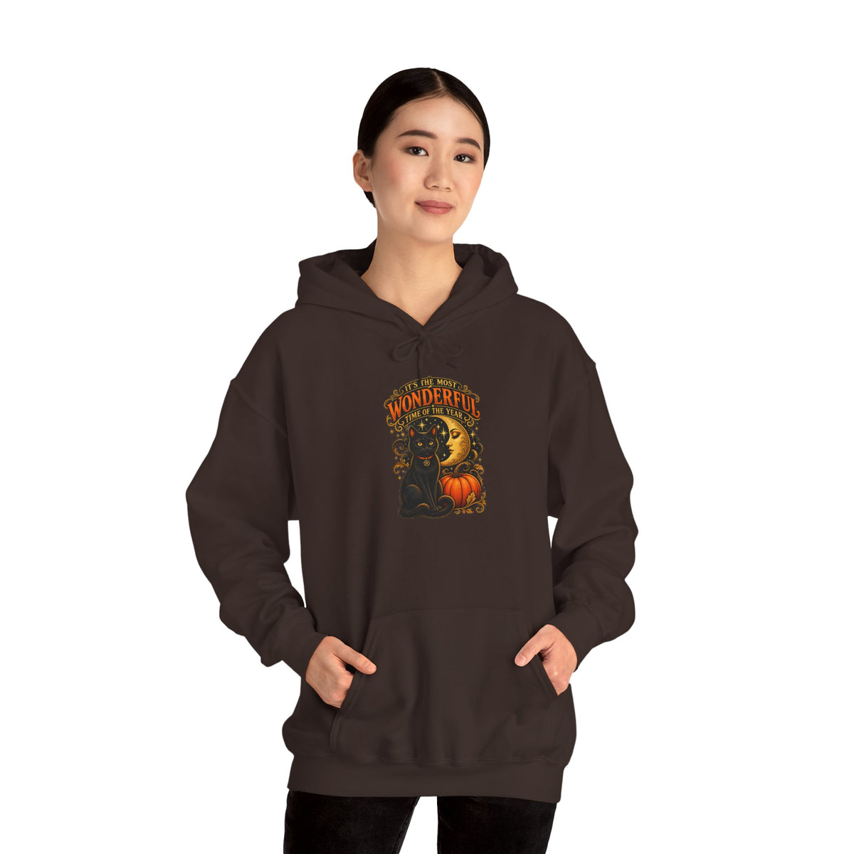 Halloween Black Cat Moon Hoodie – Vintage Pumpkin & Crescent Moon Fall Sweatshirt