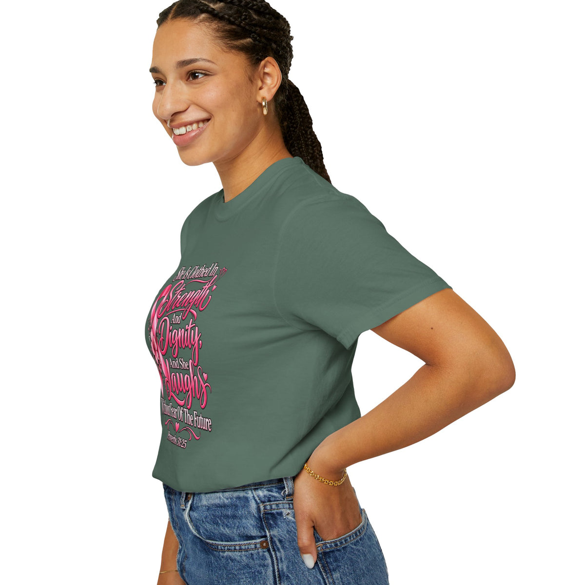 Breast Cancer Awareness T-Shirt — "She is Clothed in Strength" Pink Ribbon Tee