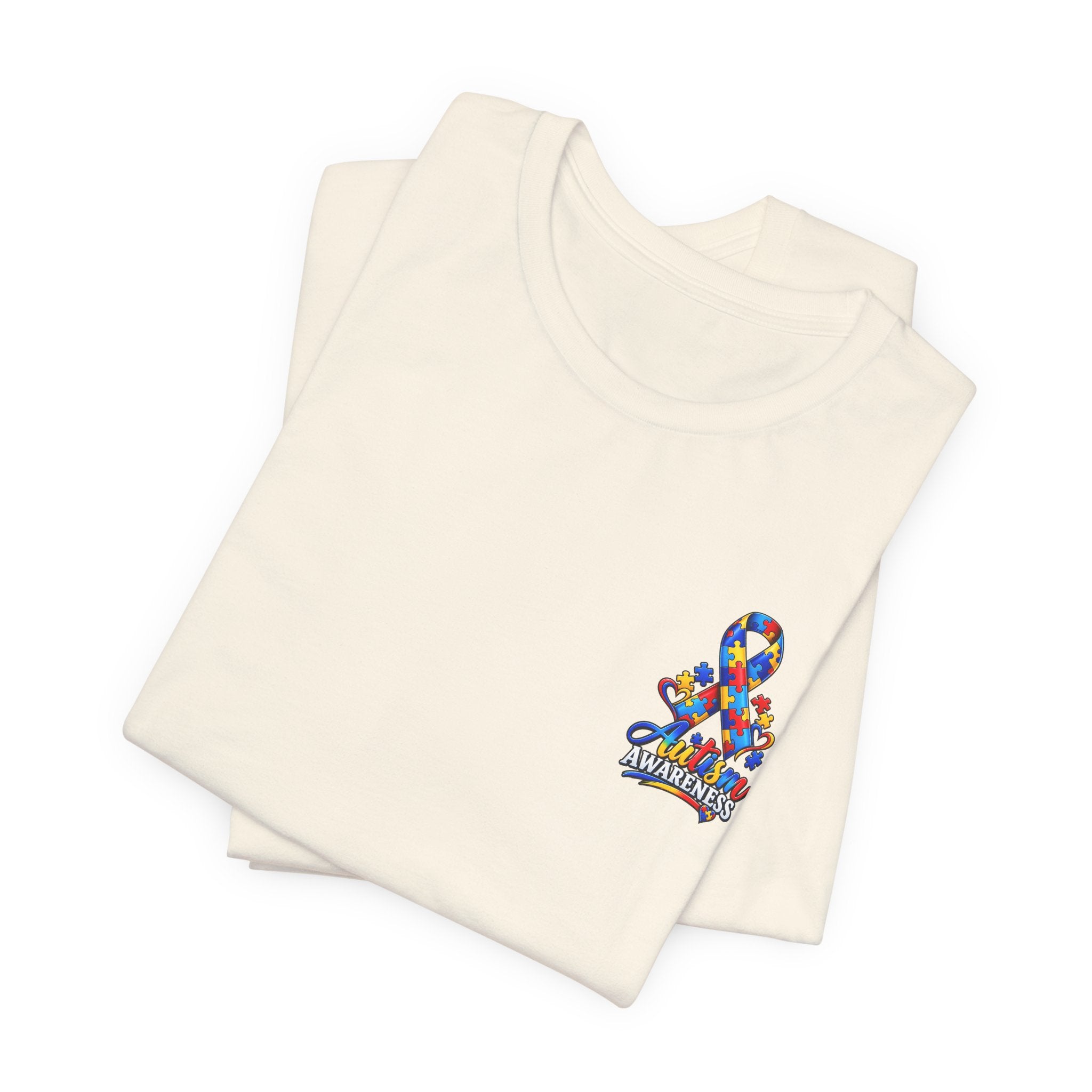 Autism Awareness Ribbon Chest Tee — 'Different, Not Less' Short Sleeve T-Shirt