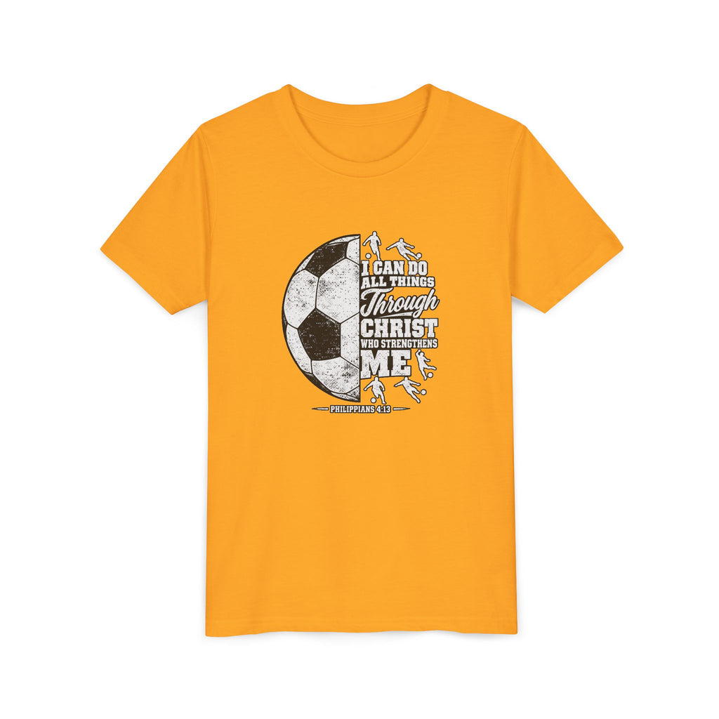 Youth Soccer Tee — "I Can Do All Things Through Christ" Inspirational Sports Shirt