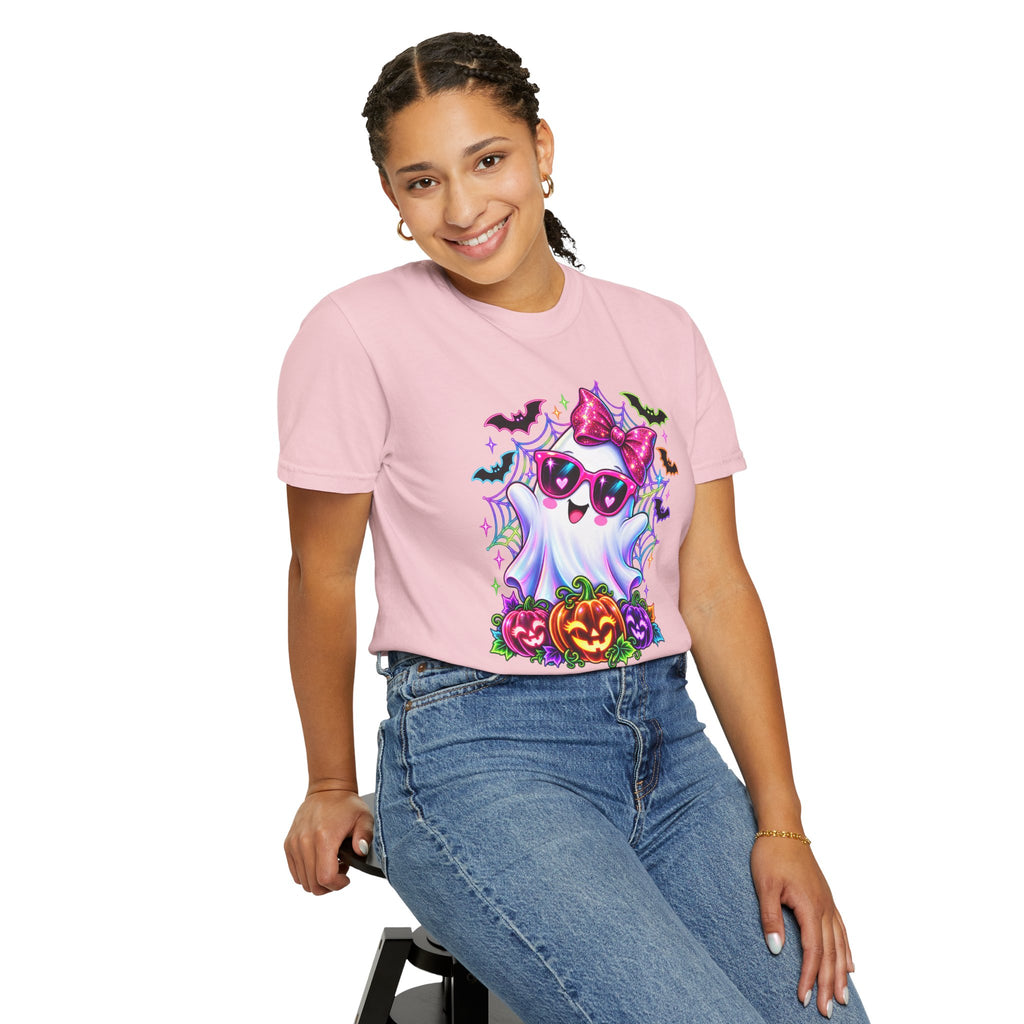 Cute Halloween Ghost T-Shirt — Pink Bow Ghost with Sunglasses & Pumpkins
