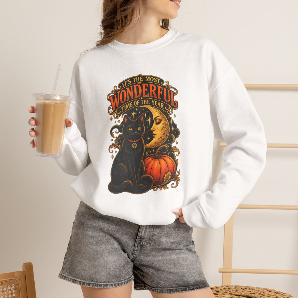 Vintage Halloween Sweatshirt - "It's the Most Wonderful Time of the Year" Black Cat & Moon Design